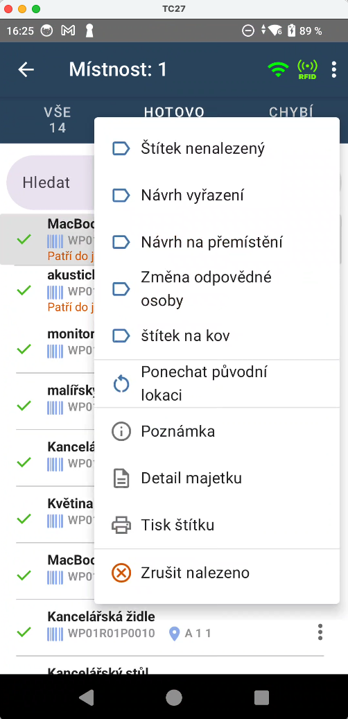 Akce pro majetek – kontextové menu
