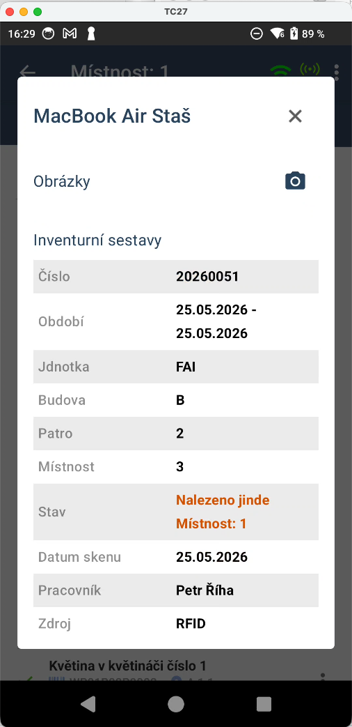 Detail záznamu majetku – mobilní aplikace Inventarizuj