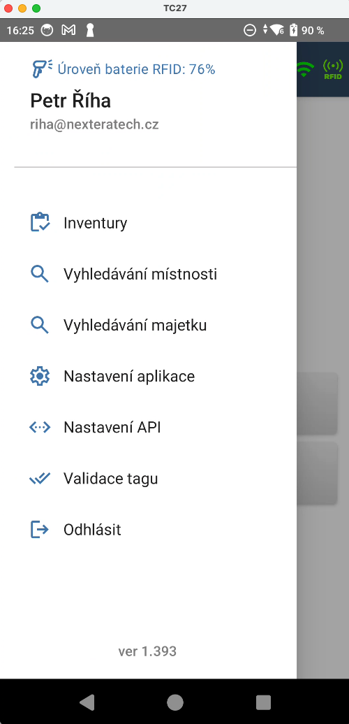 Navigační menu – vyhledávání místnosti a majetku