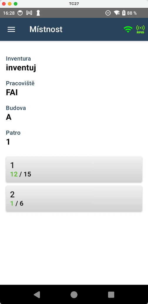 Výběr místnosti v mobilní aplikaci Inventarizuj